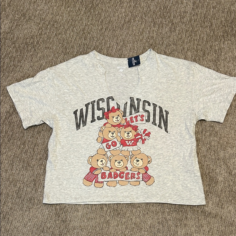 Wisconsin Womens Gray Graphic Tee with Cheerful Bear Stack